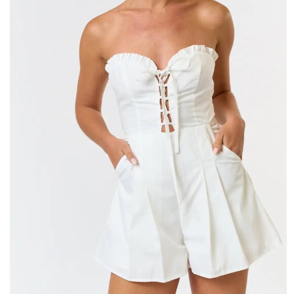 NEW - Lace Up Front Pleated Tube Romper White - Picture 1 of 2